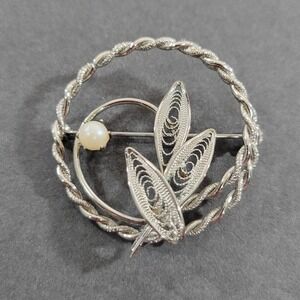 Vintage Silver Tone Floral Faux Pearl Wreath Brooch 1.5" Open Work Cottage
